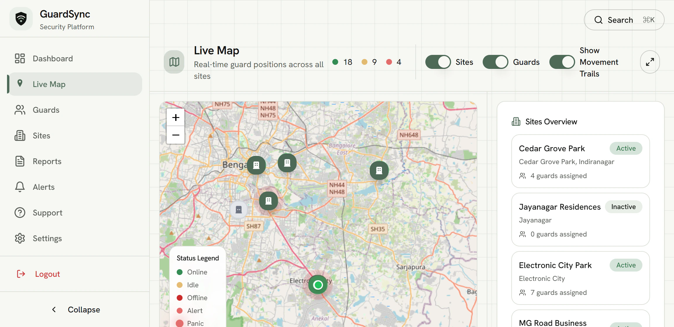 GuardSync Admin: Live map