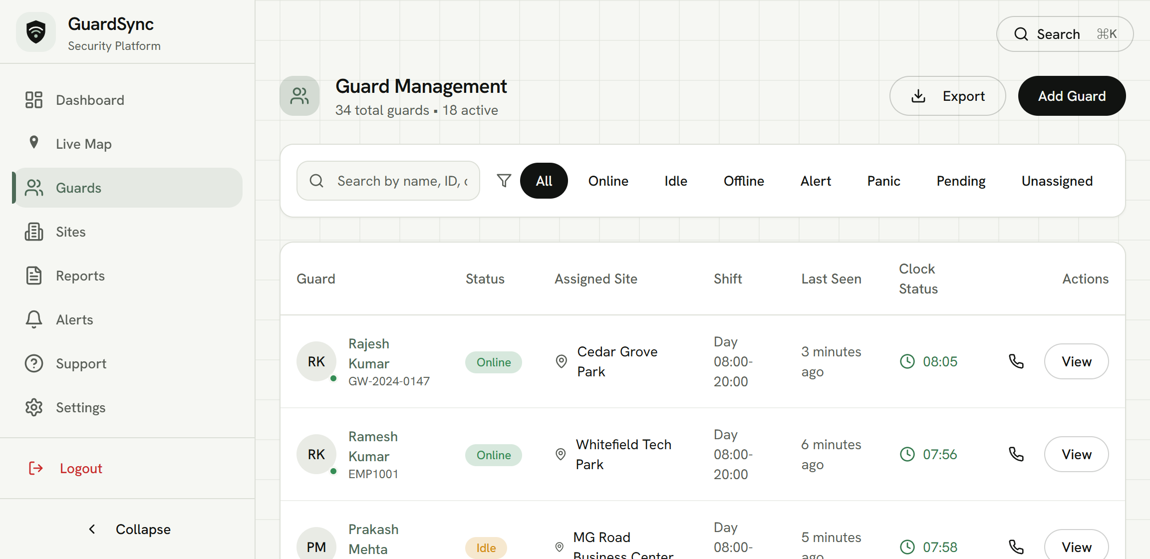 GuardSync Admin: Guard management