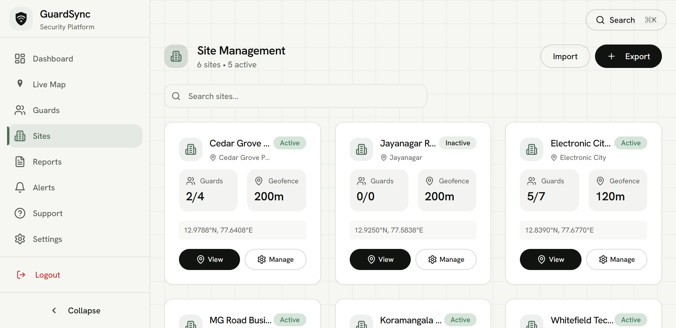 GuardSync Admin: Sites and geofences